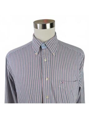 Tommy Hilfiger Mens Cotton Button Down Red White Blue Striped Dress Large